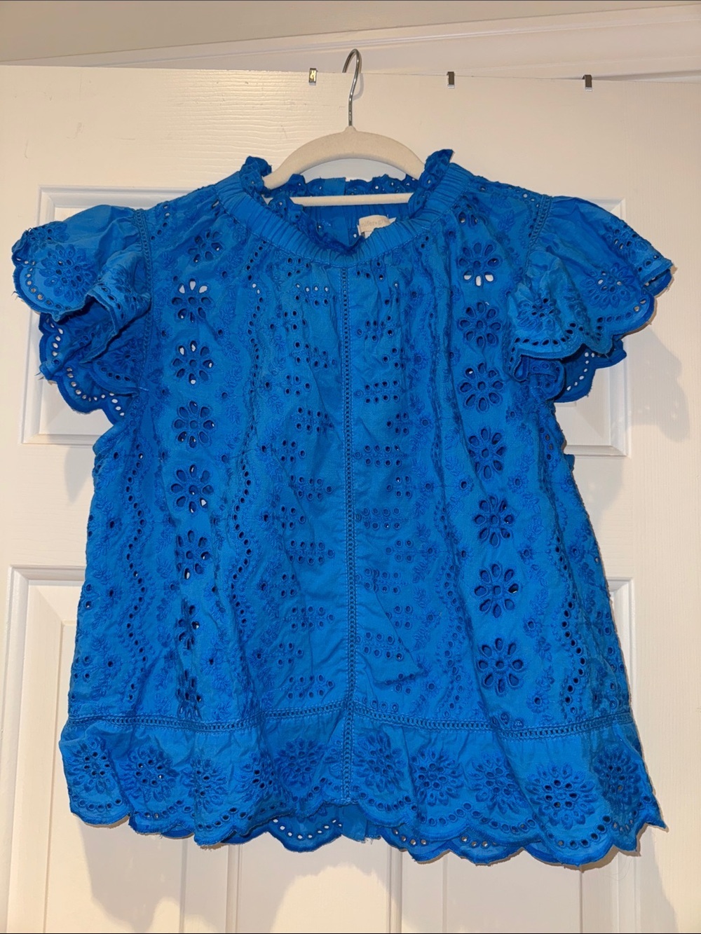 Bright Blue Eyelet Flutter Sleeve Blouse
